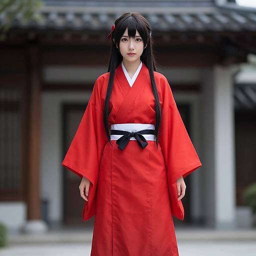 Photograph of an Asian woman with long black hair, wearing a vibrant red kimono with a white belt and black bow, standing in front of a