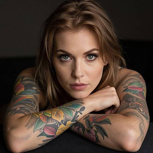 Photograph of a tattooed woman with green eyes, brown hair, and colorful floral sleeves, lying on her forearms against a dark background.