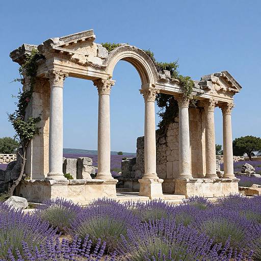 Photograph of ancient Roman ruins with three tall, weathered columns, surrounded by vibrant purple lavender flowers under a clear blue sky.