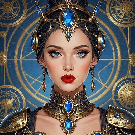Digital art of a fair-skinned woman with blue eyes, red lips, and intricate blue and gold steampunk headgear and jewelry.