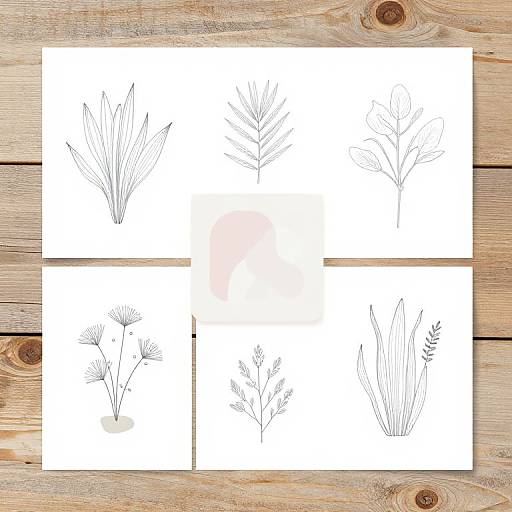 Four minimalist black line drawings of various plants on white paper, arranged in a square, placed on a wooden surface.