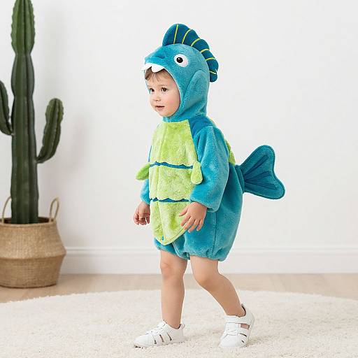 Photograph of a cute toddler in a blue and green fish costume, walking in white sneakers, with a cactus in the background.