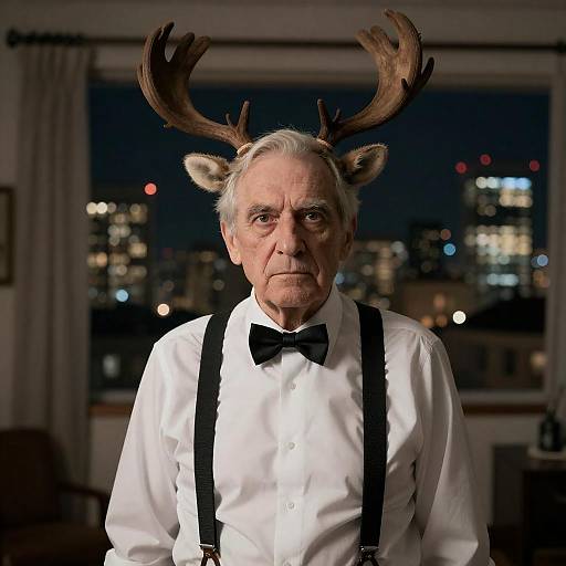 Elderly Man in Reindeer Antlers Portrait