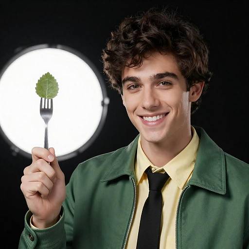 Mischievous Young Man Holding Leaf Fork