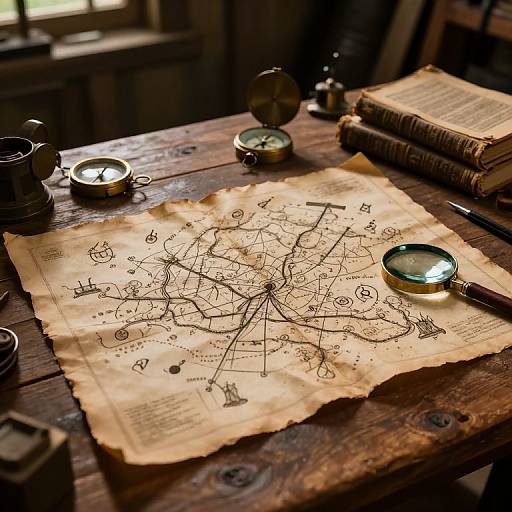 Vintage-style photograph of an antique wooden table with a detailed map, magnifying glass, candles, and old books, bathed in warm, soft light