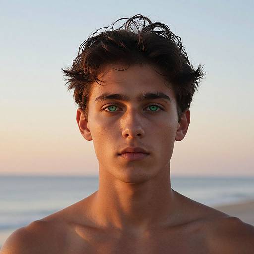 Photograph of a young, shirtless man with tousled dark hair, green eyes, and tan skin, standing on a beach at sunset.