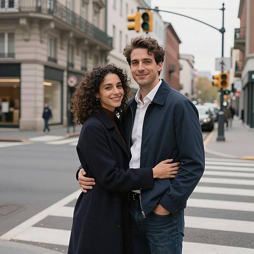 Couple Embracing on Urban Street Corner