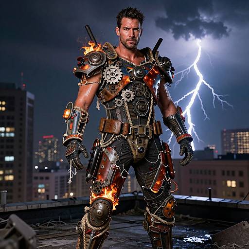 CGI image of a muscular, bearded man in fiery, steampunk armor standing on a rooftop during a lightning storm, cityscape in background