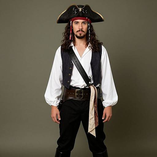 Photograph of a man with long black hair, beard, wearing a black tricorn hat, white shirt, black vest, and pants, standing against