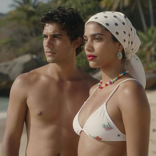 Sunlit Beach Couple by Rocky Forest