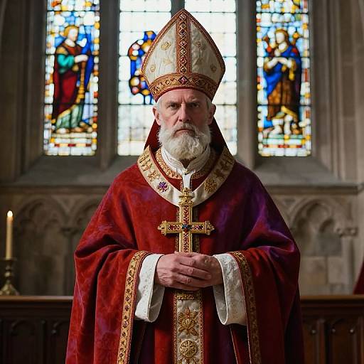 Photograph of an elderly white Catholic bishop with a white beard, wearing ornate red and gold vestments, holding a gold cross, standing in front
