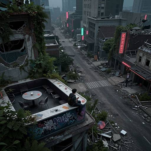 Photograph of a gritty, urban street at night, featuring graffiti-covered buildings, neon signs, debris, and a lone figure on a rooftop bar.