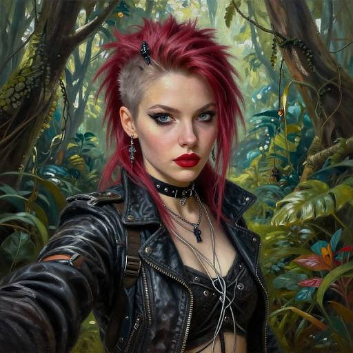 Digital art of a pale-skinned, punk-styled woman with red mohawk, black leather jacket, choker, and piercings, taking
