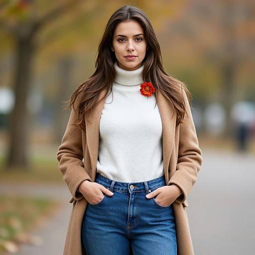 Photograph of a young woman with long dark hair, wearing a beige coat, white turtleneck, red flower brooch, and blue jeans,