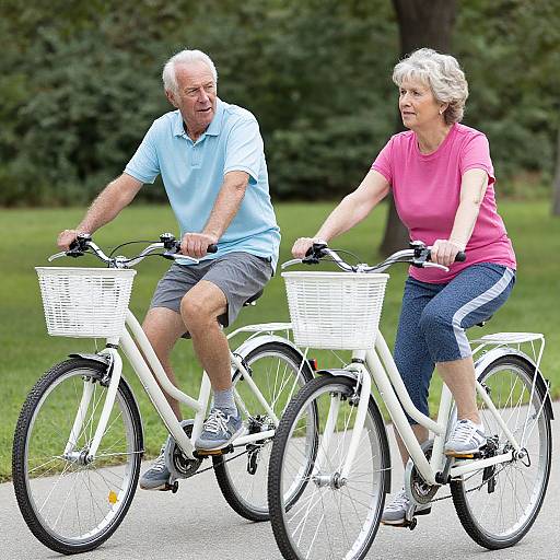 Photograph of an elderly white couple biking side-by-side on a park path, both with white bicycles and front baskets. The man wears a light blue
