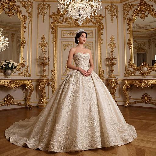 Photograph of a woman in an ornate, strapless ivory wedding gown with a full, embroidered skirt, standing in an opulent, gold-de