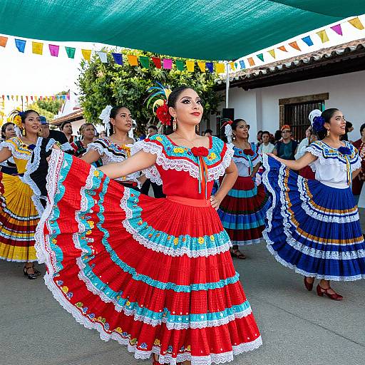 Photograph of vibrant Mexican dancers in colorful, ruffled dresses performing traditional dance under a green canopy with festive flags.