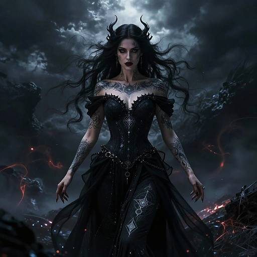 Digital fantasy artwork of a dark-haired, tattooed woman in a black, ornate gothic dress, standing in a stormy, moonlit landscape