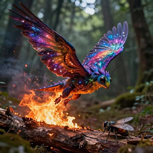 Mythical Creature Emerging from Fiery Glade