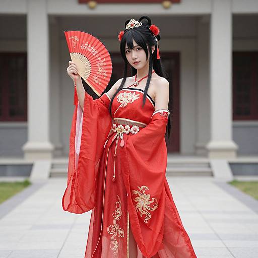 Asian woman in red kimono and floral hairpins holding fan, standing in front of traditional building, digital art style, vibrant colors.