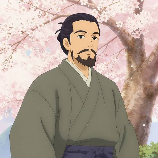 Anime-style digital drawing of a serious, bearded man with black hair in a topknot, wearing a green kimono, standing before cherry blossom