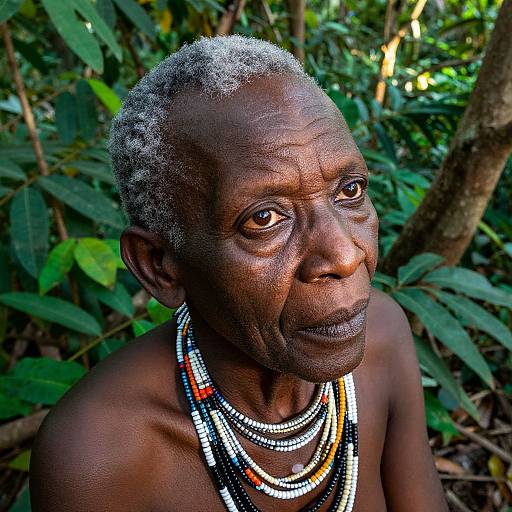 Photograph of an elderly, dark-skinned African man with short gray hair, wearing multiple beaded necklaces, looking thoughtfully into the camera in