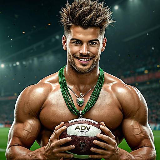 Muscular, smiling male rugby player with spiked brown hair, green bead necklace, and pendant, holding rugby ball in stadium. Photorealistic.