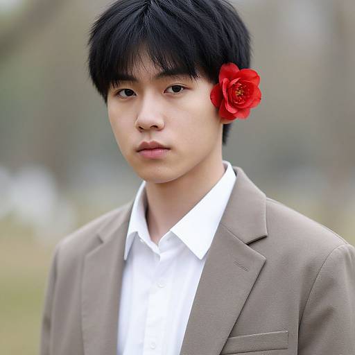 Photograph of an East Asian man with black hair, a red rose in his hair, wearing a beige suit and white shirt, against a blurred outdoor