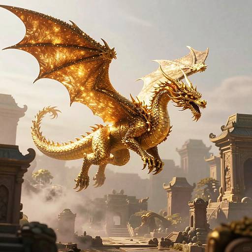 Photorealistic CGI of a golden dragon soaring over a sunlit, ancient cityscape with columns and mist, radiating intense sunlight.