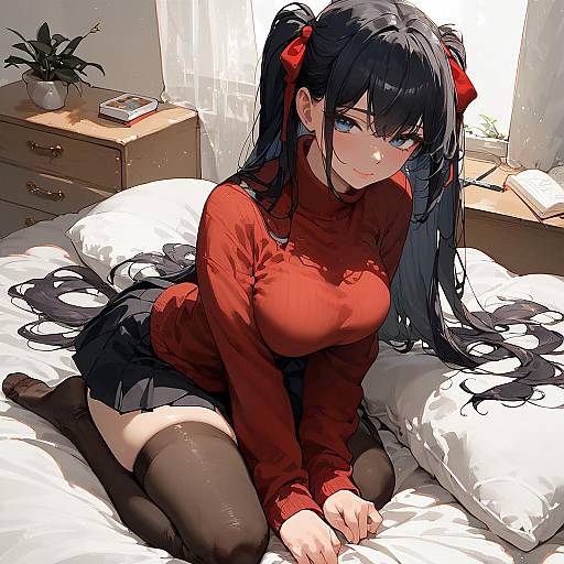 Seductive Anime Girl in Cozy Bedroom