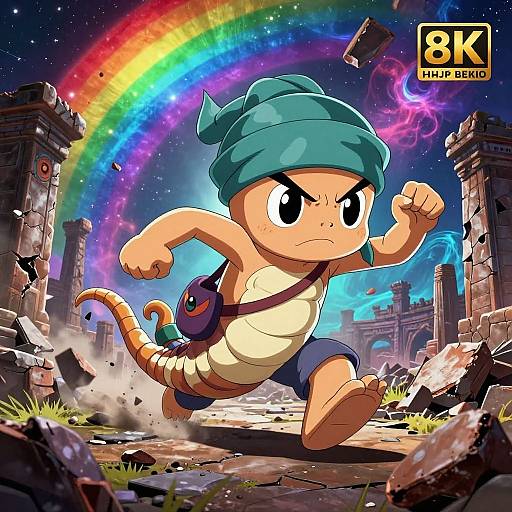 Dynamic anime-style illustration of a determined, tan-skinned child with a green beanie, white tank, blue shorts, and a small backpack, running