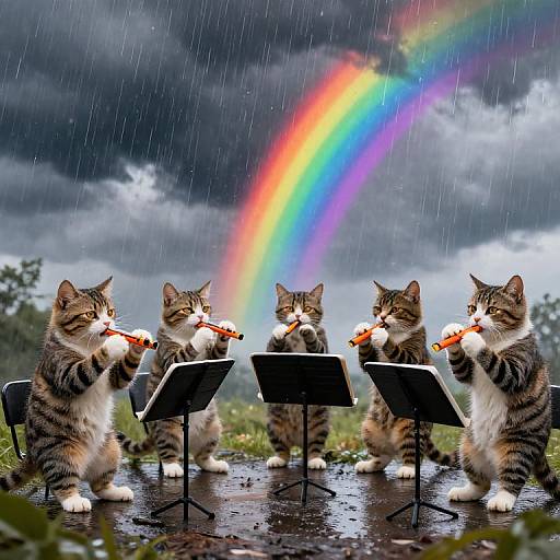 Photograph of five tabby cats playing flutes under a vibrant rainbow in the rain, standing on a wet, grassy stage with music stands.