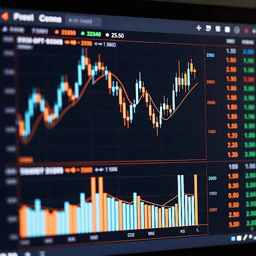 Close-up photograph of a colorful financial trading screen displaying multiple price charts with orange, blue, and white bars, and real-time data in green and orange
