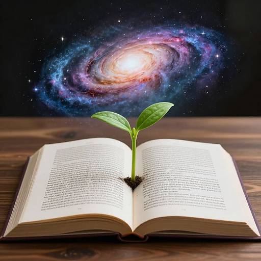 Open book with green plant sprouting from center, surrounded by dark background and glowing spiral galaxy above. Digital artwork.
