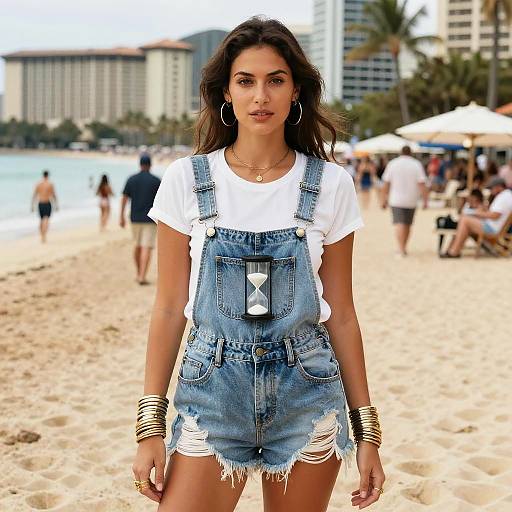 Woman in Denim Overalls with Hourglass in Waikiki Beach