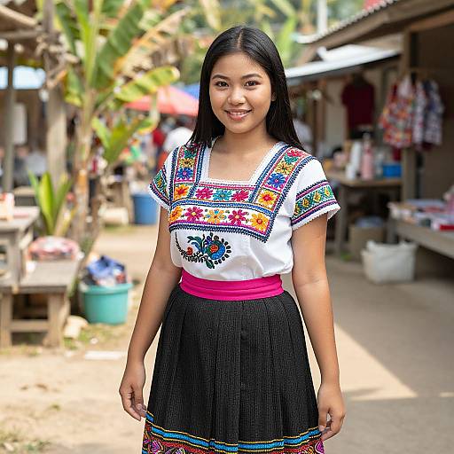 Photograph of a smiling young Asian woman with long black hair, wearing a colorful embroidered white blouse and black skirt, standing outdoors in a sunny, rustic