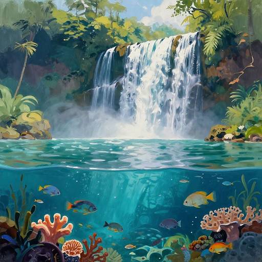 Vibrant digital painting of a tropical waterfall cascading into a clear blue pool, surrounded by lush greenery and colorful coral reefs with various fish swimming