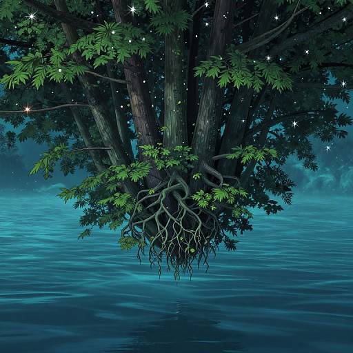 Digital art of a tree with visible roots emerging from a calm, starlit blue water surface, surrounded by sparkling stars.