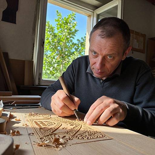Photograph of a middle-aged man with short dark hair, wearing a black sweater, intensely carving intricate patterns on a wooden panel in a sunlit room