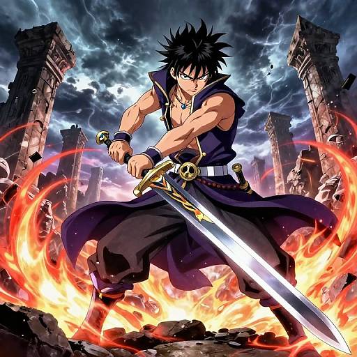 Anime-style digital artwork of a muscular, black-haired warrior with a sleeveless dark blue shirt, wielding a glowing sword amidst fiery ruins and stormy sky