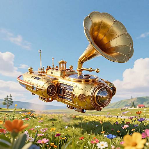 Digital art of a golden, steam-powered flying record player soaring above a colorful meadow with vibrant flowers and a bright blue sky.