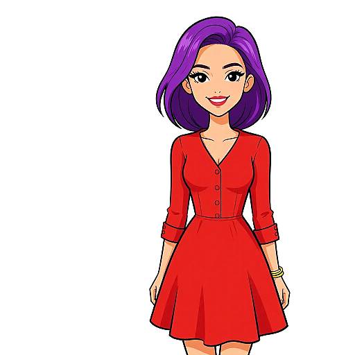 Digital anime-style drawing of a smiling woman with purple hair, wearing a red dress with buttons, and a gold bracelet.