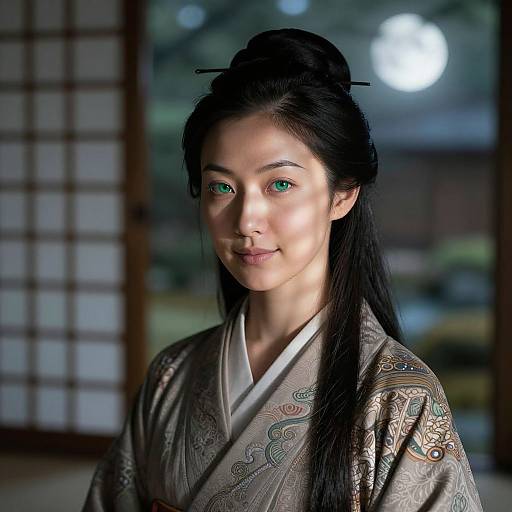Photograph of an Asian woman with green eyes, long black hair in a traditional updo, wearing a detailed, patterned kimono, standing in