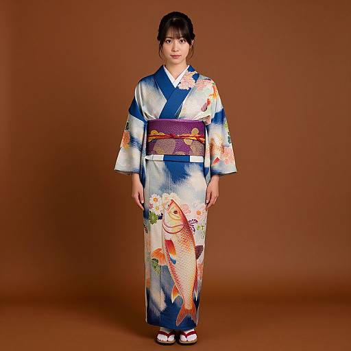 Photograph of an Asian woman in a colorful, blue and white yukata with koi fish and floral patterns, brown background.