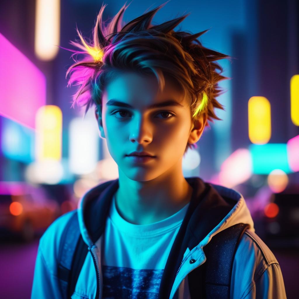 Cinematic Teen Boy in Urban Lights