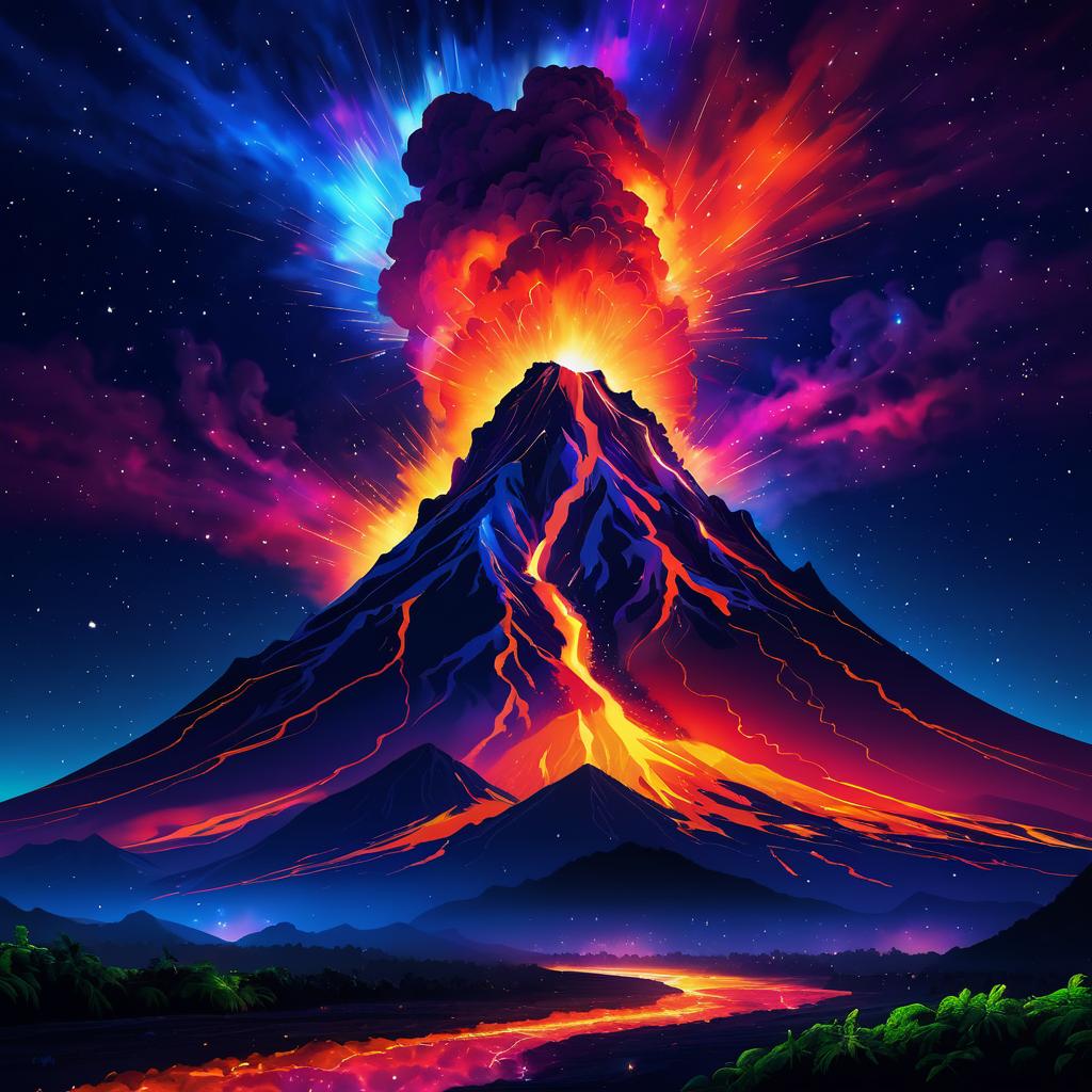 Spectacular Volcano Eruption Under Stars