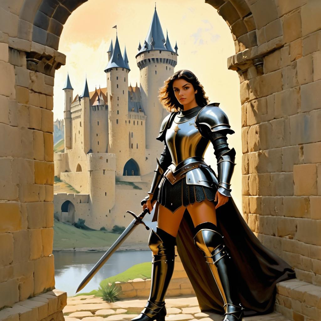 Female Knight in Medieval Castle Oil Painting