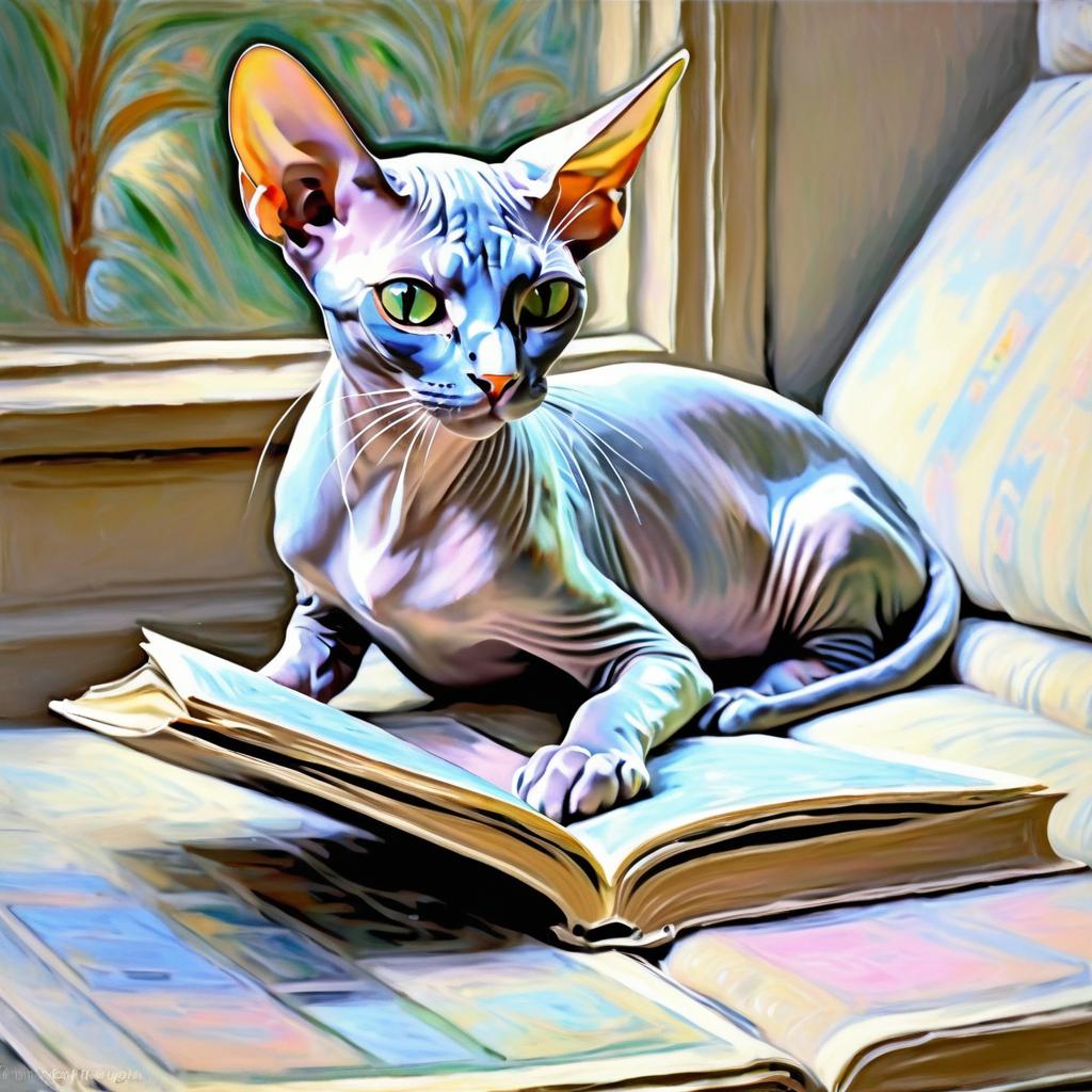 Sphinx Cat Reading in Impressionist Style