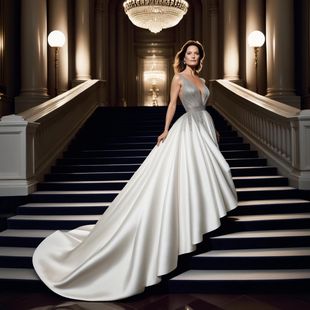 Elegant Evening Gown on Grand Staircase