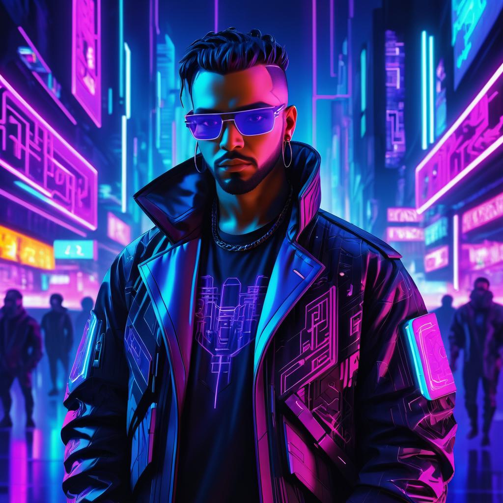 Cyberpunk Hacker in Neon Cityscape